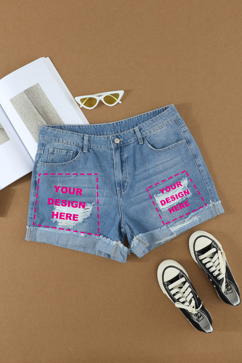 Distressed Ripped Rolled Hem Sky Blue Denim Shorts