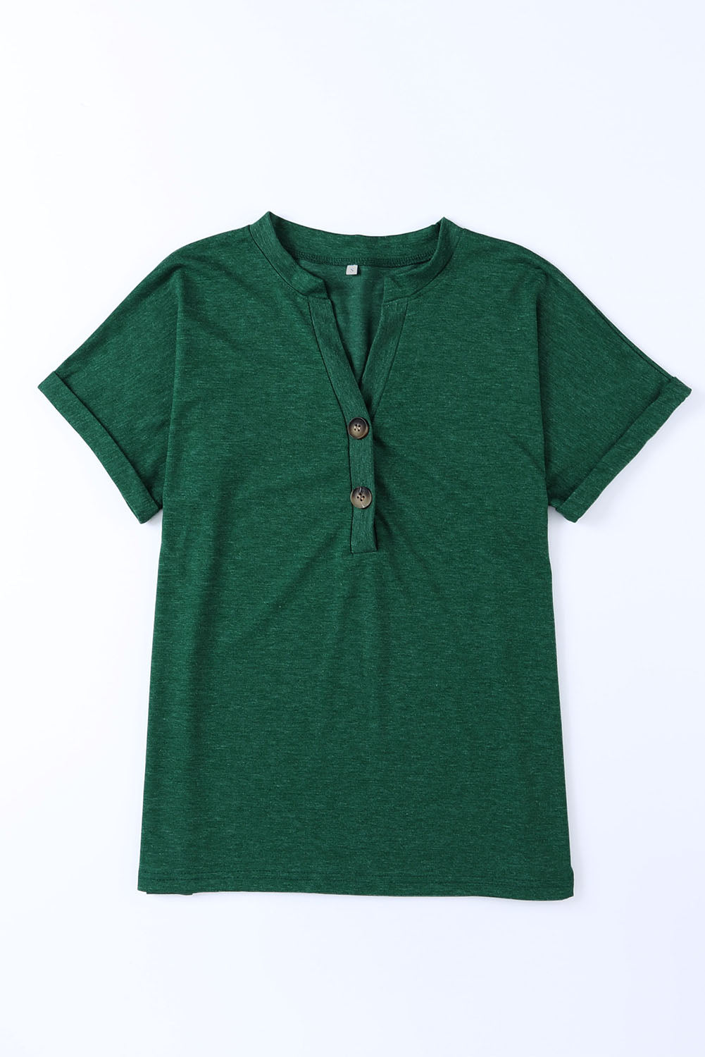 Button V Neck Rolled Short Sleeve T Shirt