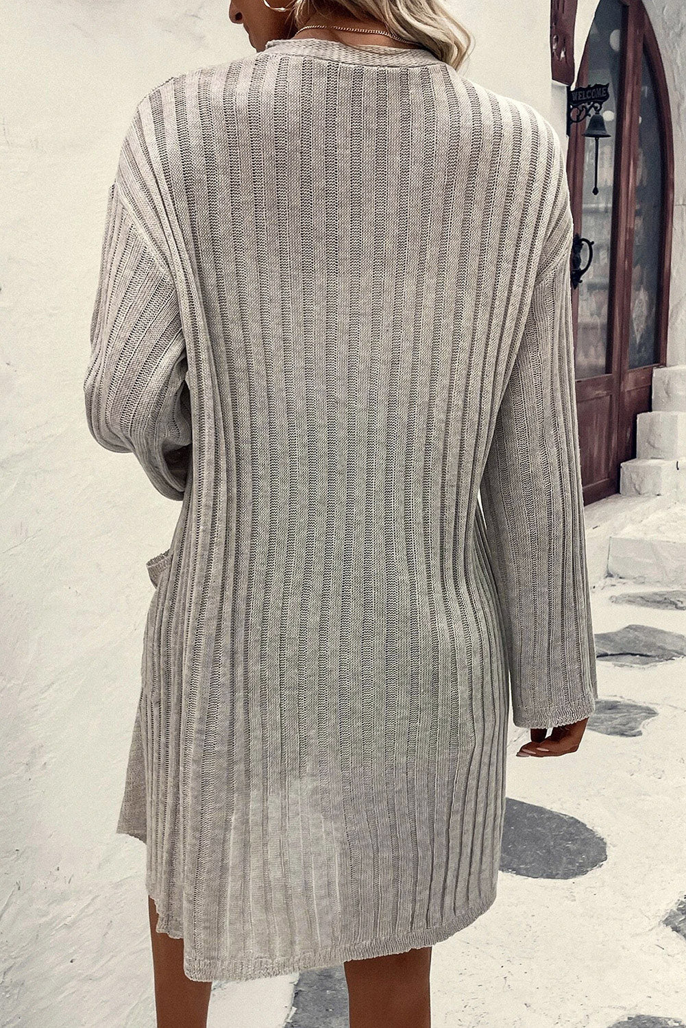Gray Loose Ribbed Knit Pocketed Open Cardigan
