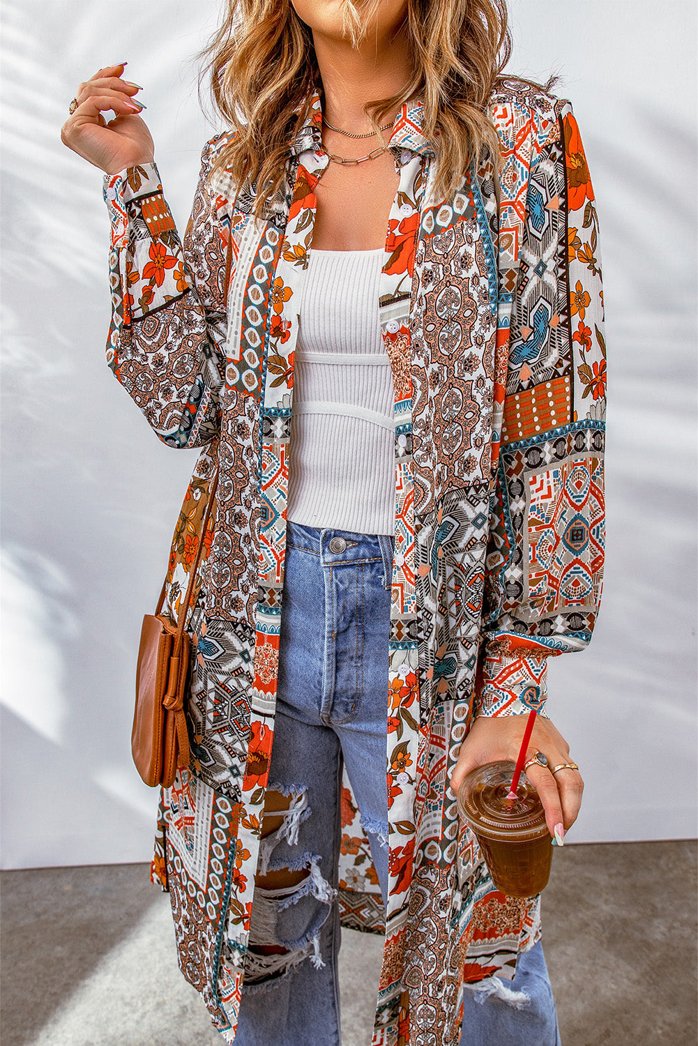 Multicolor Boho Patchwork Print Flowy Long Sleeve Kimono
