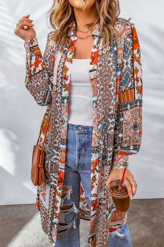 Multicolor Boho Patchwork Print Flowy Long Sleeve Kimono