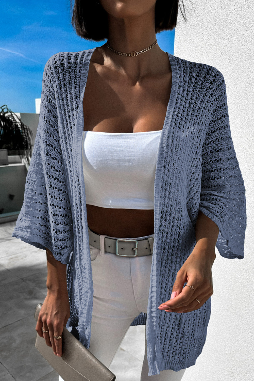 White Hollow-out Knit Kimono Lightweight Cardigan