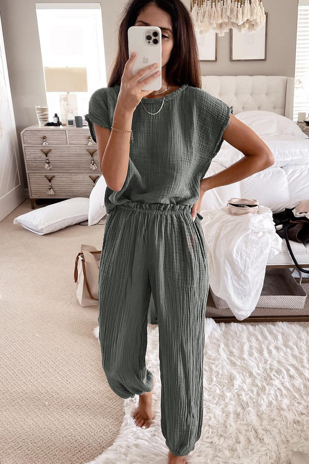 Crinkled Texture Tee and Jogger Pants Set