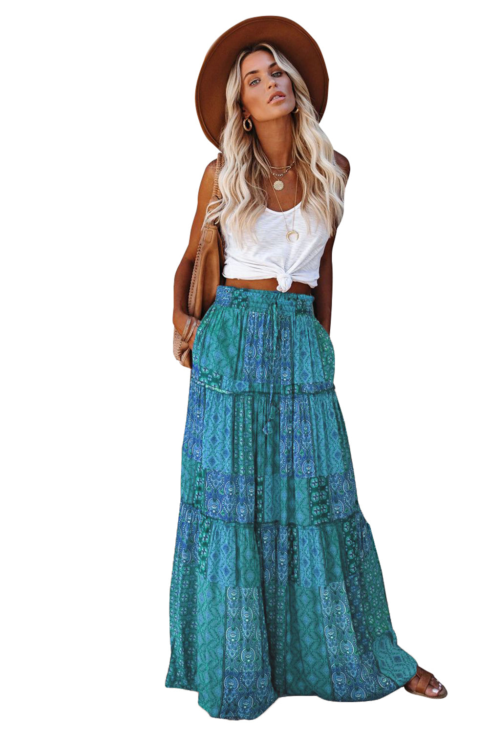 Tiered Paisley Print Pocketed Maxi Skirt
