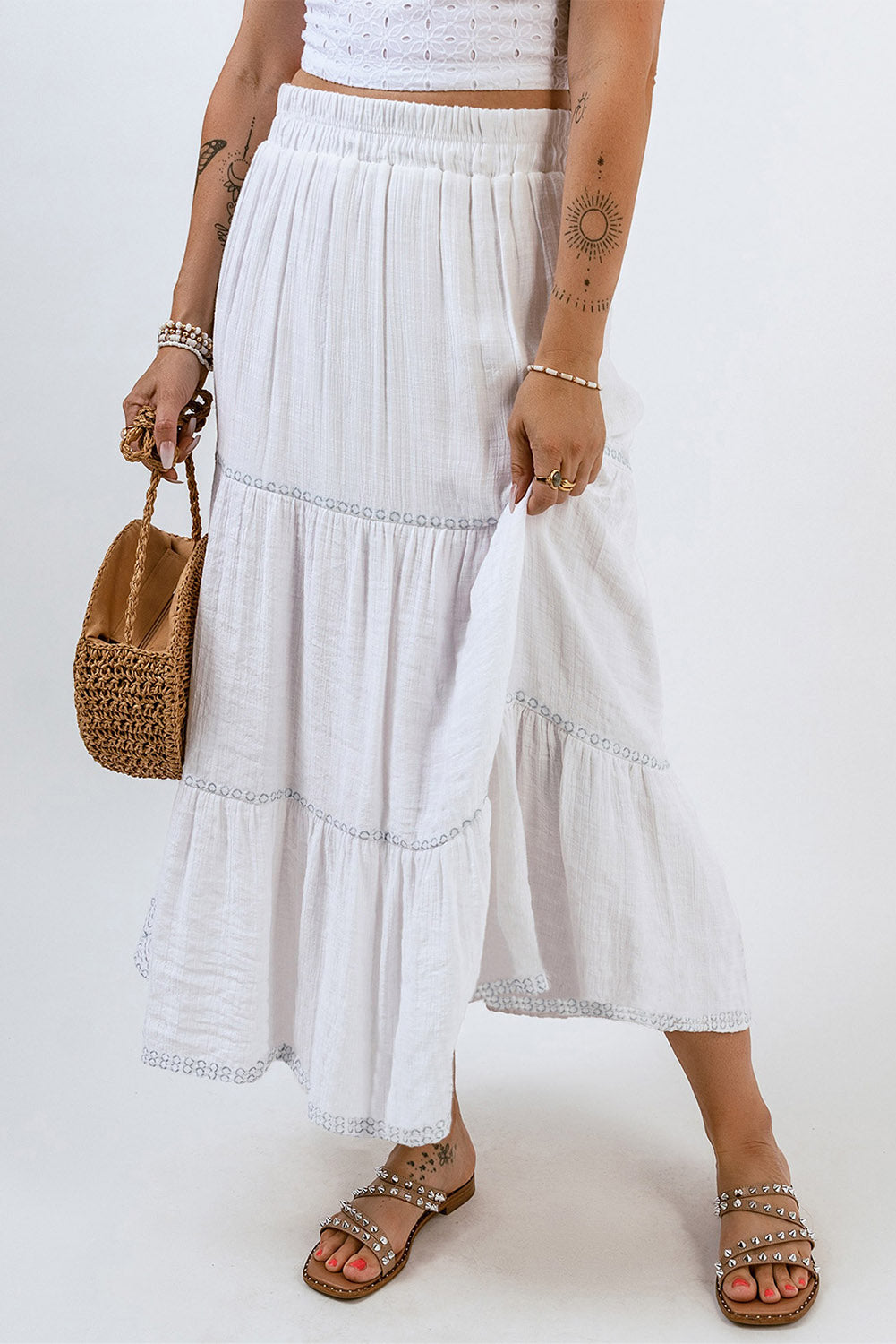 Tiered Lace Crochet High Waist Maxi Skirt