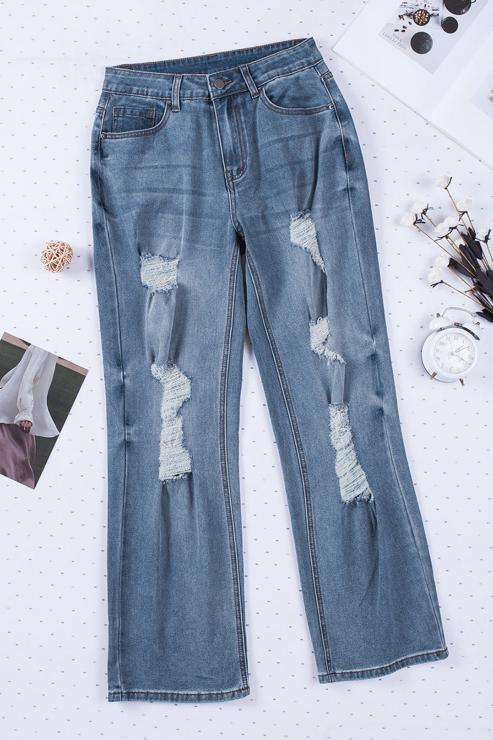 Distressed Ripped Slits Wide Leg Jeans