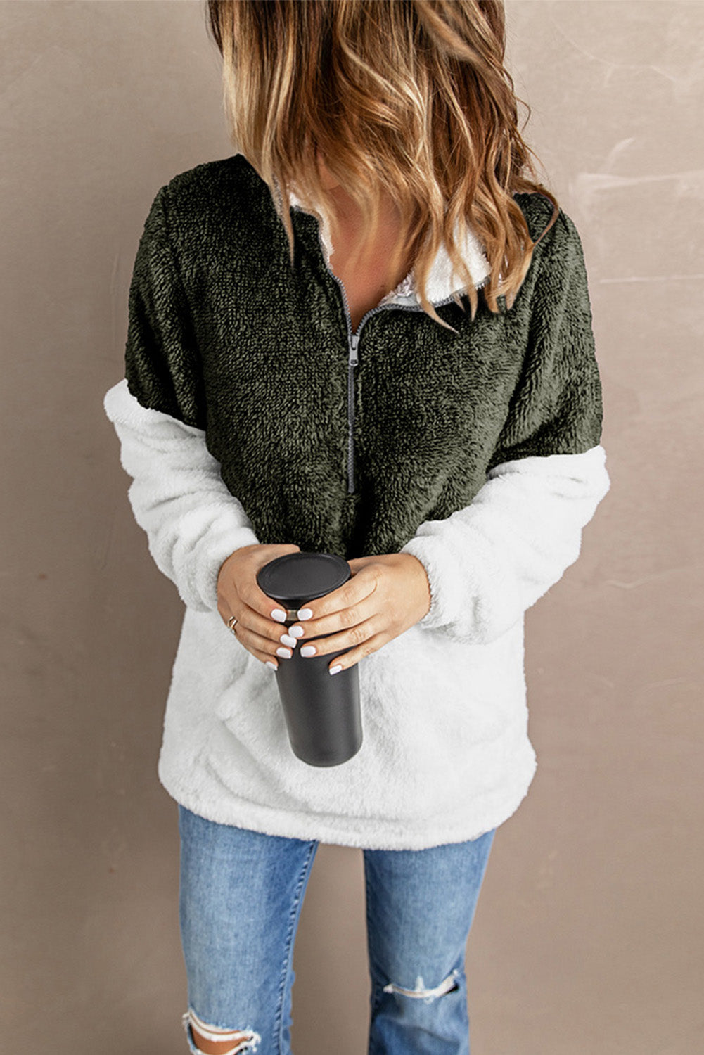 Charcoal White Zip Neck Oversize Fluffy Fleece Pullover