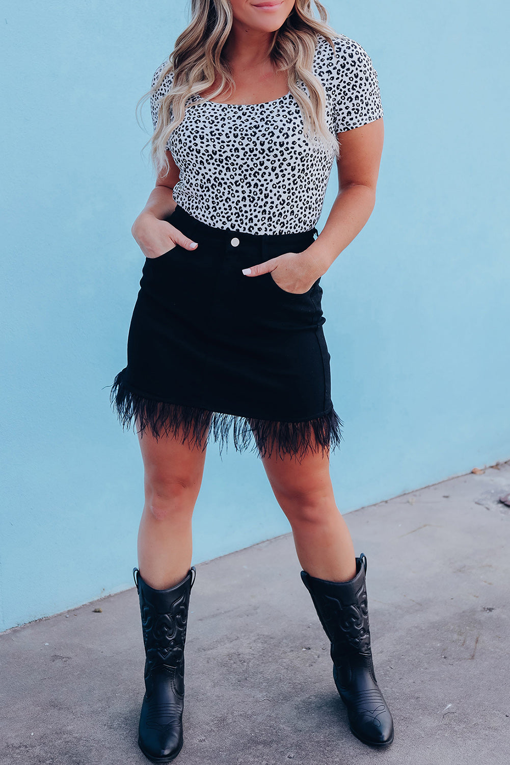 Feather Fringed Denim Skirt