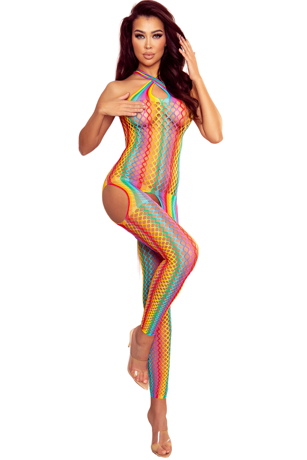 Multicolor Rainbow Hollowed Open Crotch Halter Bodystocking