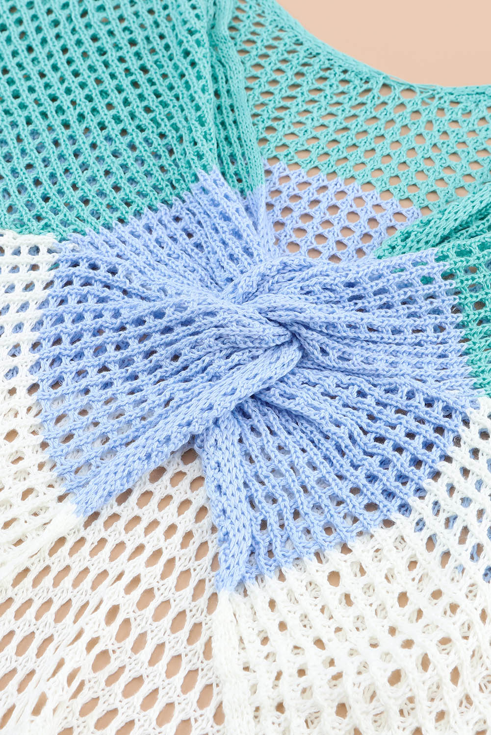 Multicolor Color Block Eyelet Long Sleeve Twisted Back Knit Top