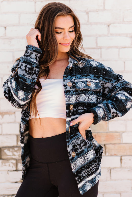 Tribal Print Pocket Buttoned Sherpa Jacket