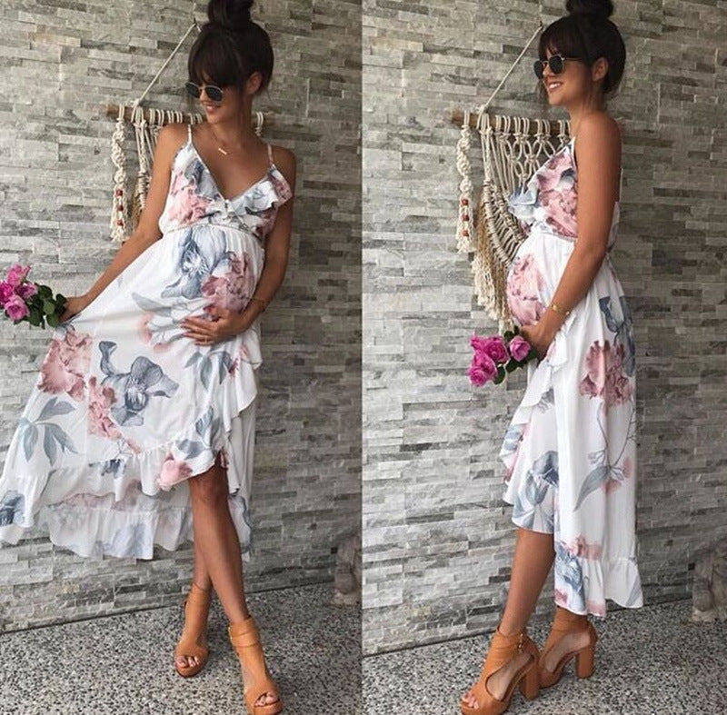 Printed V-Neck High Waist Slim-Fit Maternity Suspender Skirt
