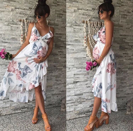 Printed V-Neck High Waist Slim-Fit Maternity Suspender Skirt