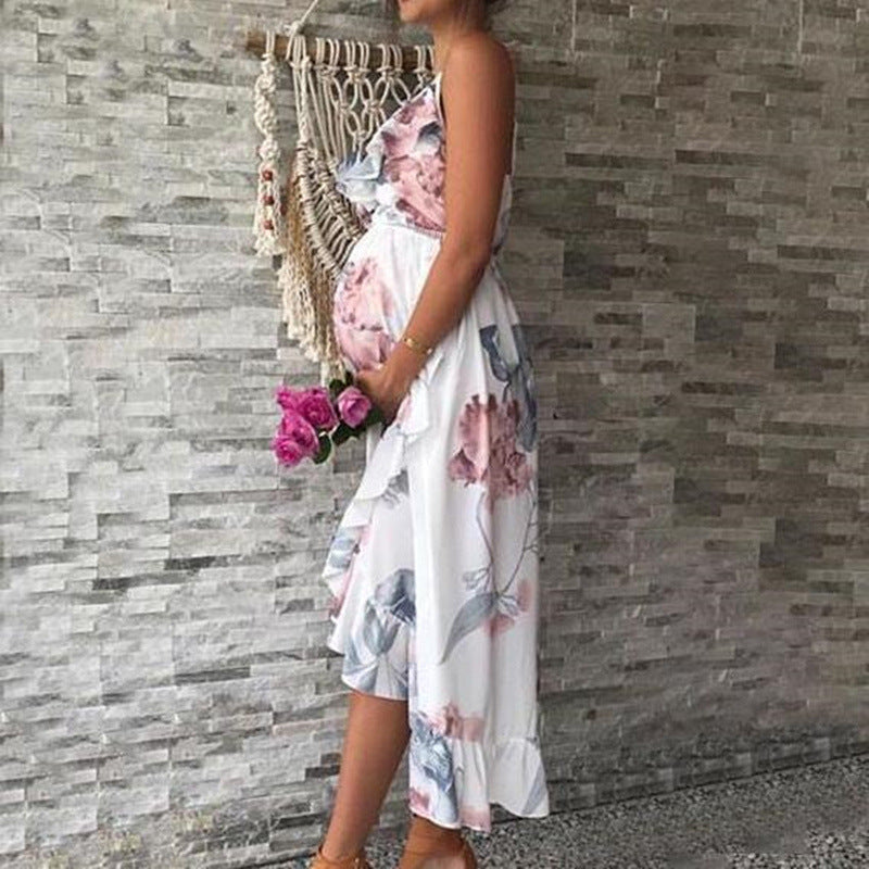 Printed V-Neck High Waist Slim-Fit Maternity Suspender Skirt