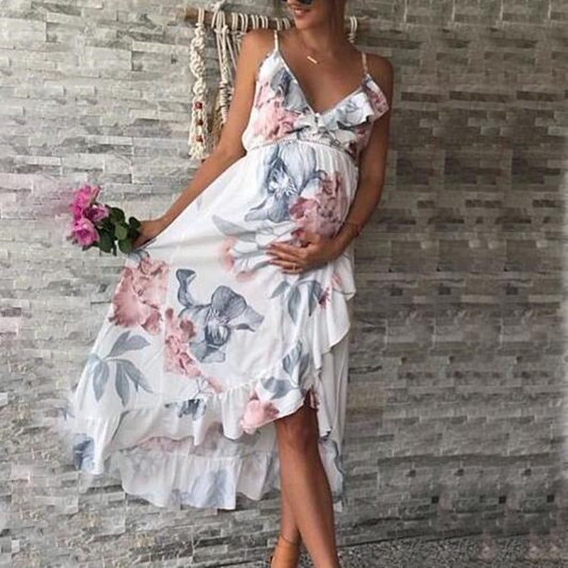 Printed V-Neck High Waist Slim-Fit Maternity Suspender Skirt