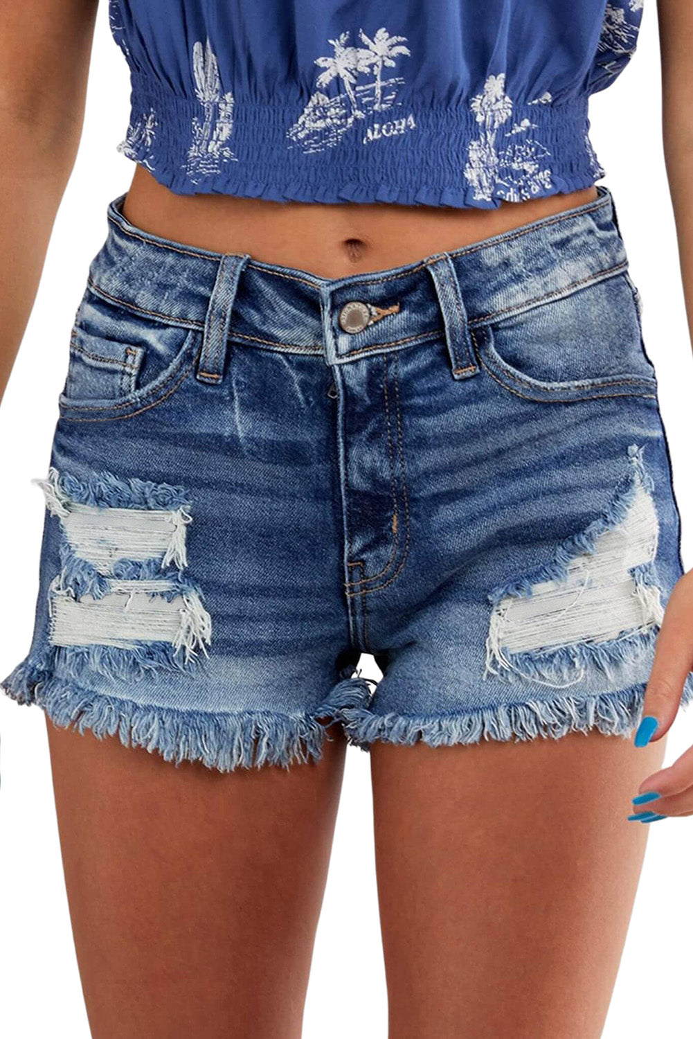 Frayed Hem Mid Waist Denim Shorts