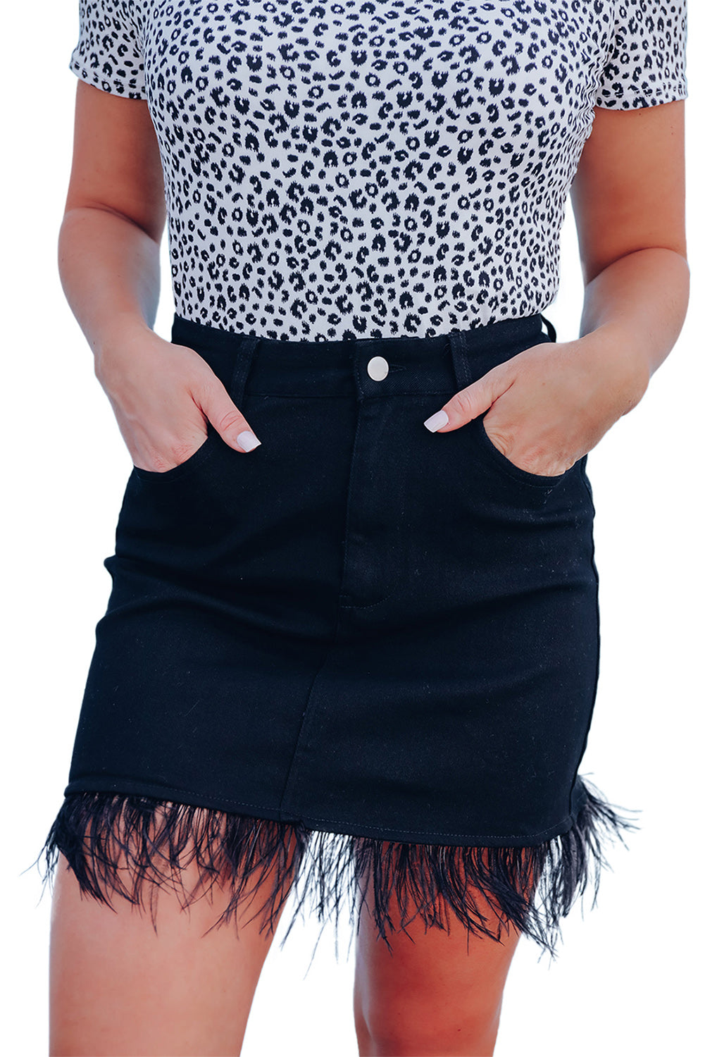 Feather Fringed Denim Skirt