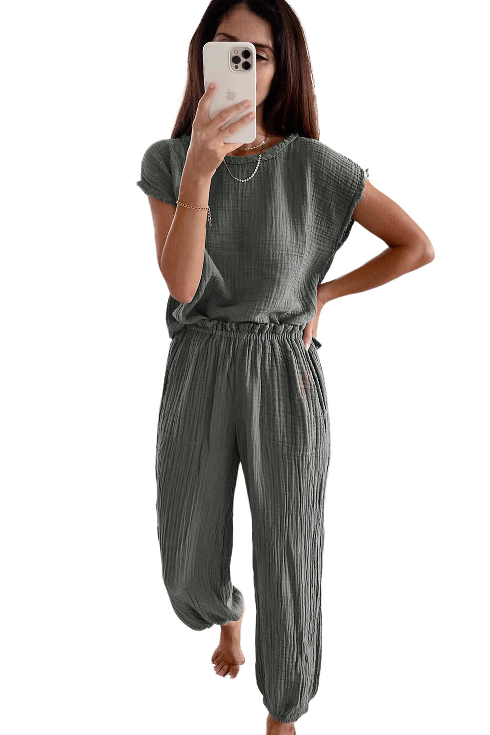 Crinkled Texture Tee and Jogger Pants Set