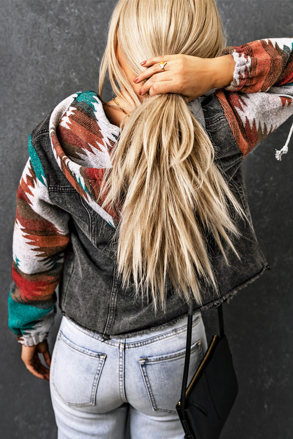Multicolor Aztec Print Frayed Hem Denim Jacket