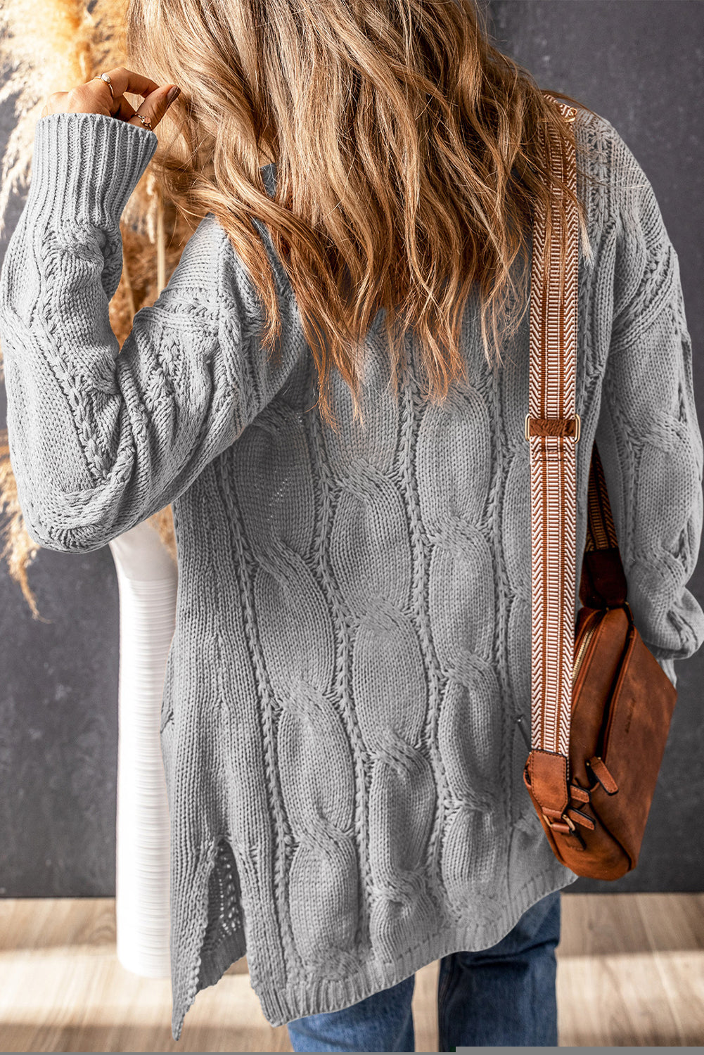 Ribbed Trim Eyelet Cable Knit Cardigan