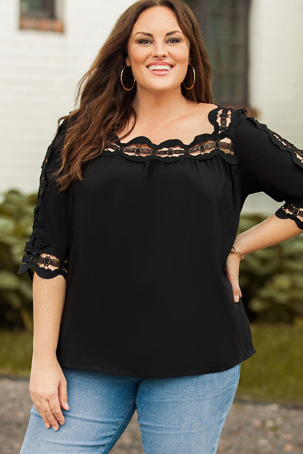 Green Drak Green Crochet Trim Hollow-out Blouse