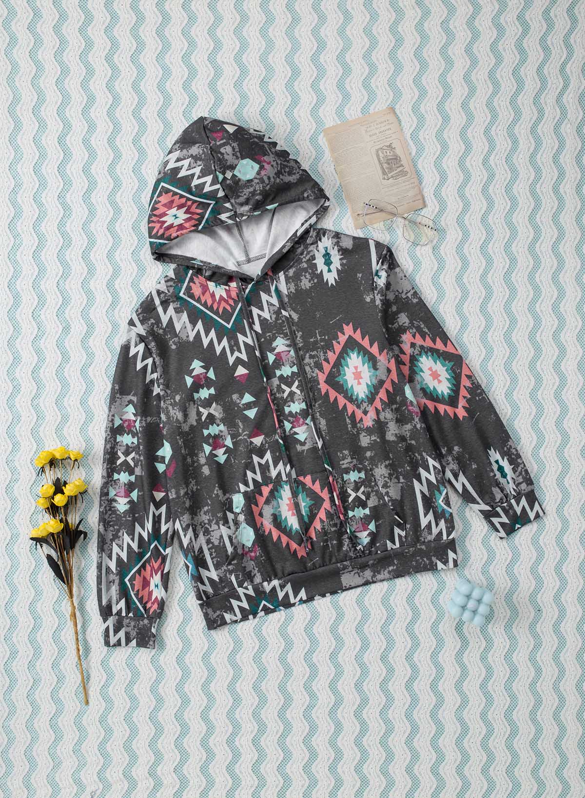 Aztec Kangaroo Pocket Drawstring Hoodie