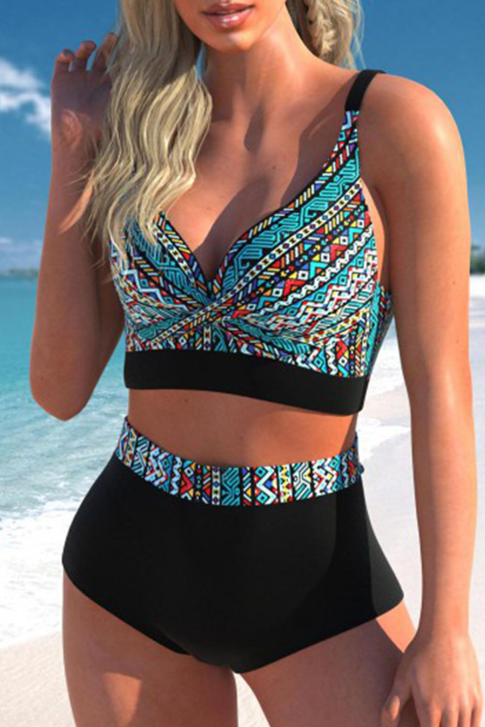 Boho Contrast Geometric Print High Waist Bikini Set