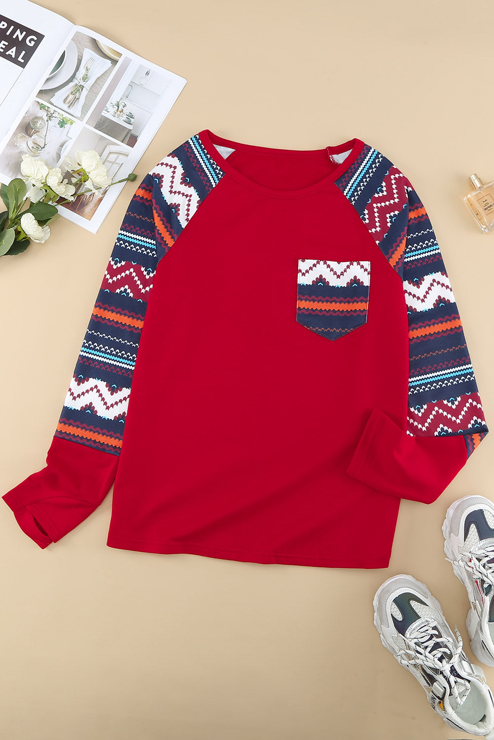 Raglan Sleeve Aztec Geometric Patchwork Top with Pocket