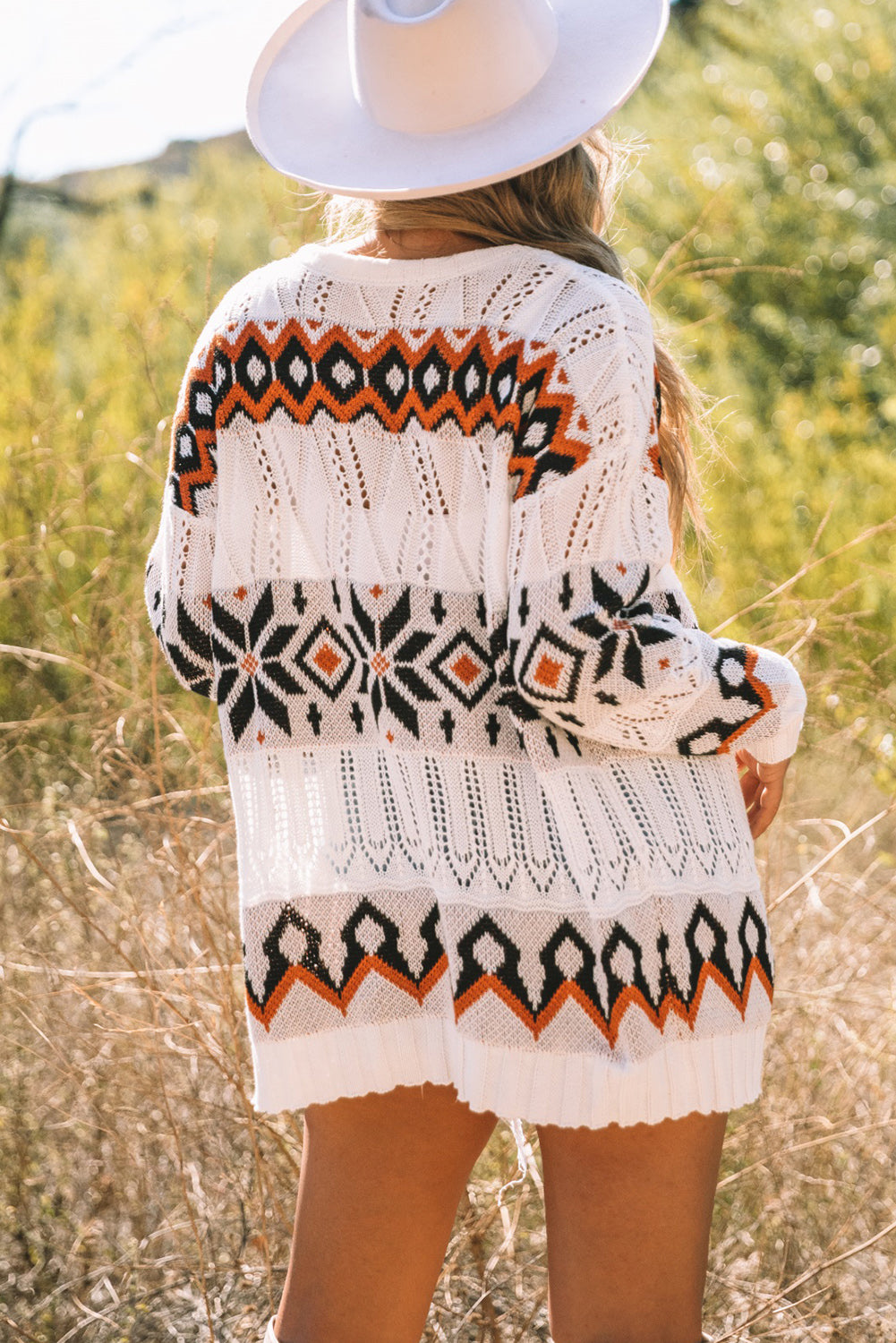 Tribal Pattern Hollowed Knit Long Cardigan