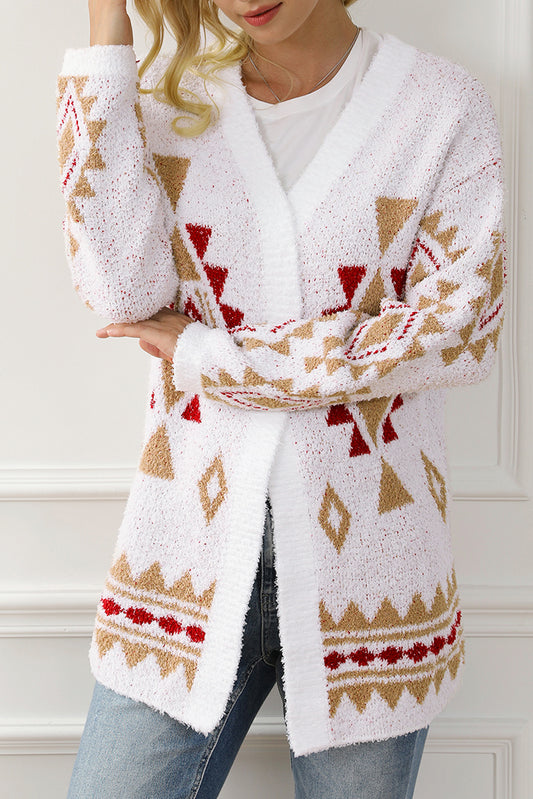 White Aztec Pattern Open Knitted Cardigan