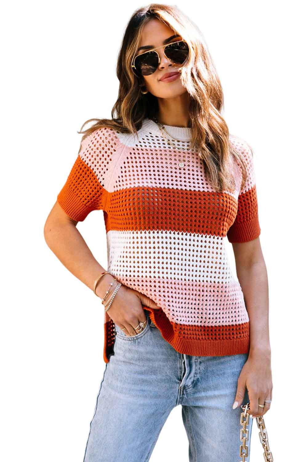 Crochet Knit Colorblock Stripe Top