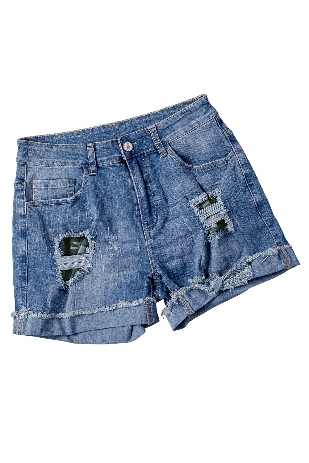 Plaid Patchwork Rolled Hem Denim Shorts