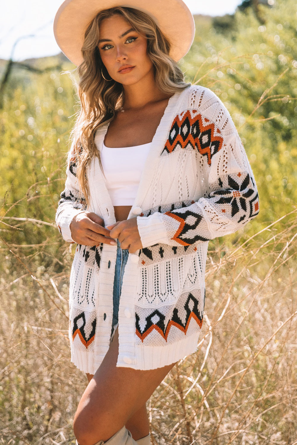 Tribal Pattern Hollowed Knit Long Cardigan