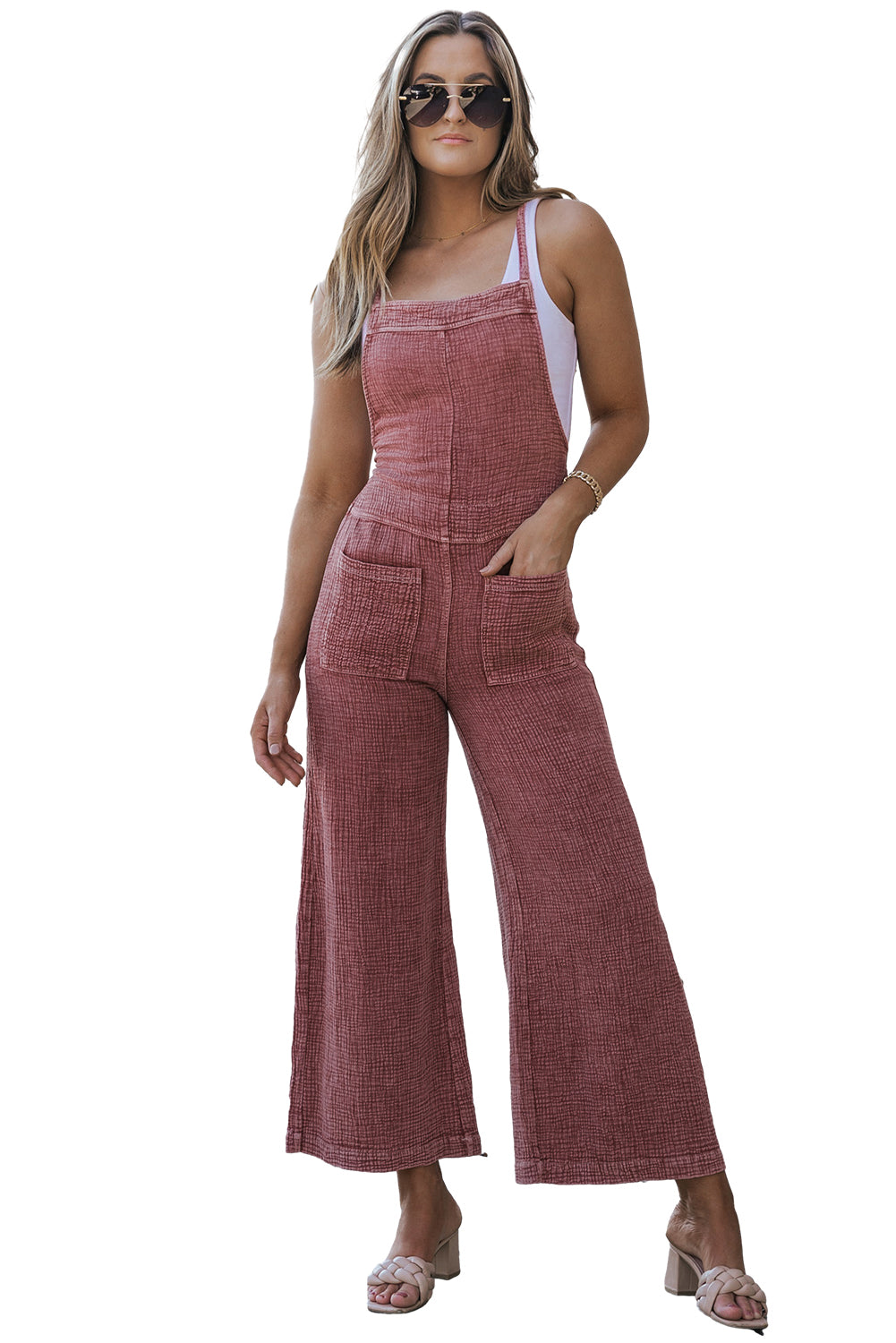 Fiery Red Textured Shoulder Straps Pocketed Overalls