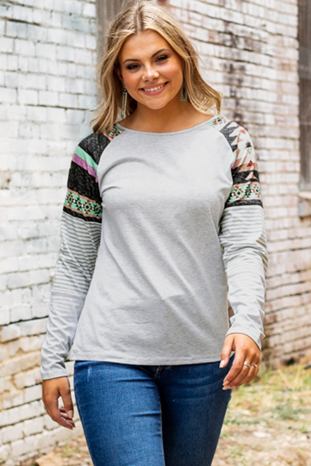 Round Neck Tribal Striped Raglan Top