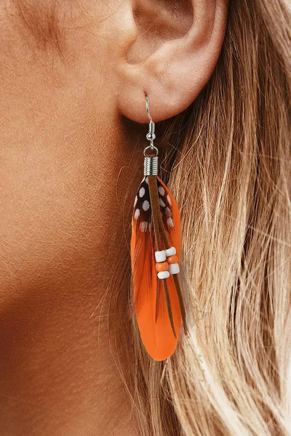 Rice Bead Long Peacock Feather Earrings