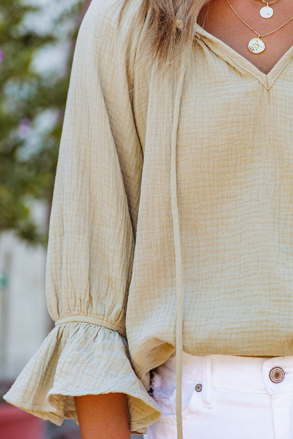 Textured Ruffled 3/4 Sleeve Drawstring V Neck Top