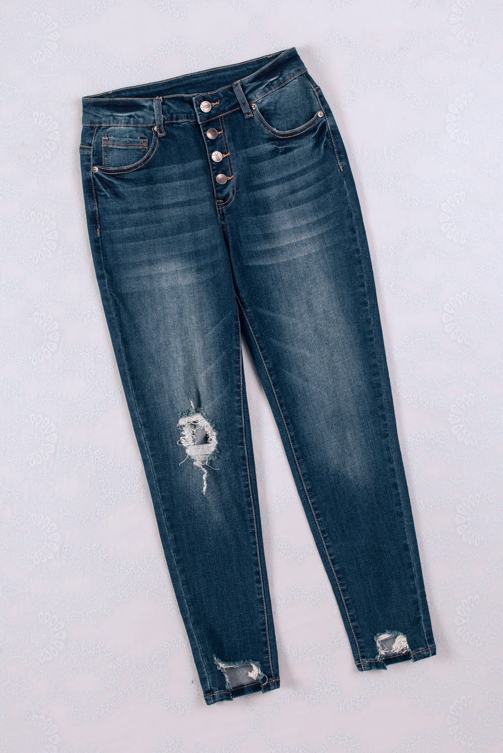 Button Fly High Waist Ripped Skinny Fit Ankle Jeans
