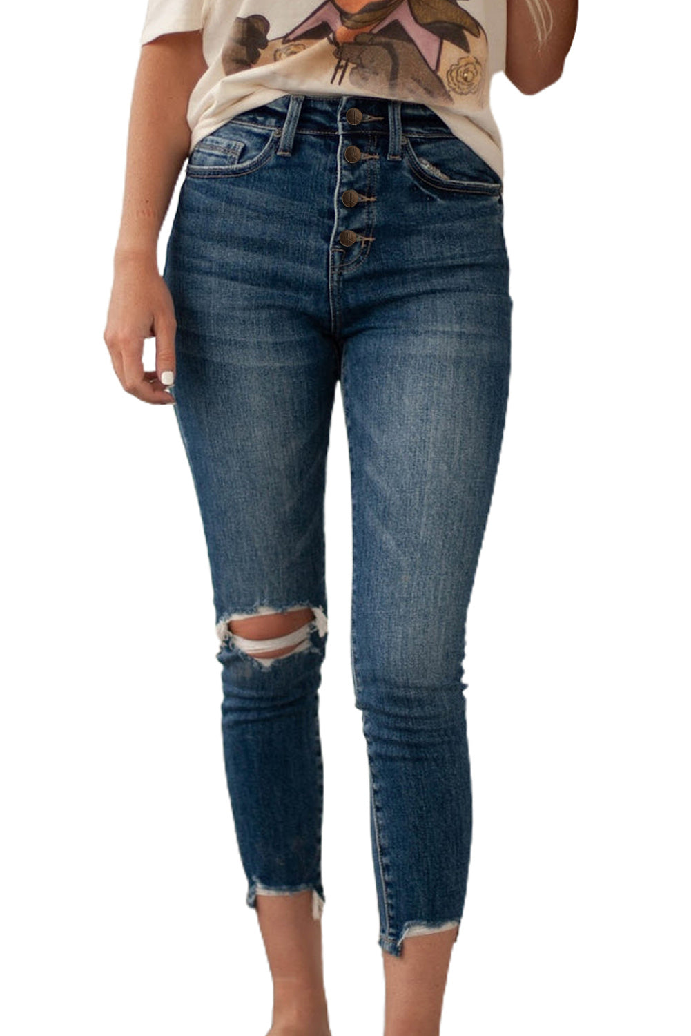 Button Fly High Waist Ripped Skinny Fit Ankle Jeans