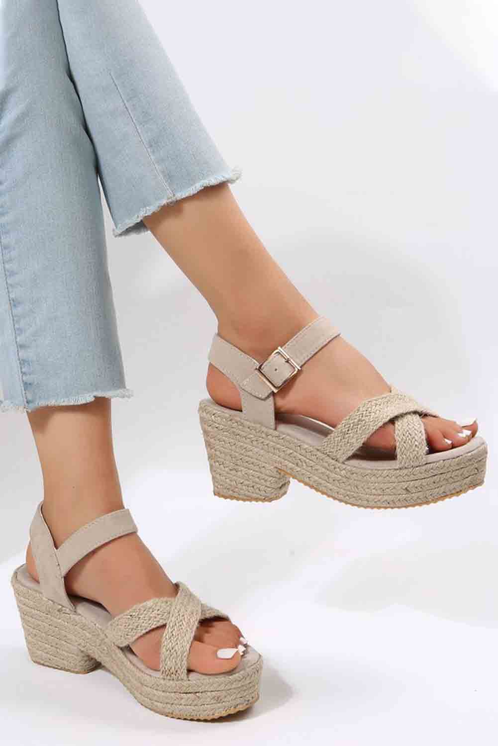 Criss Cross Linen Woven Buckle Wedge Sandals
