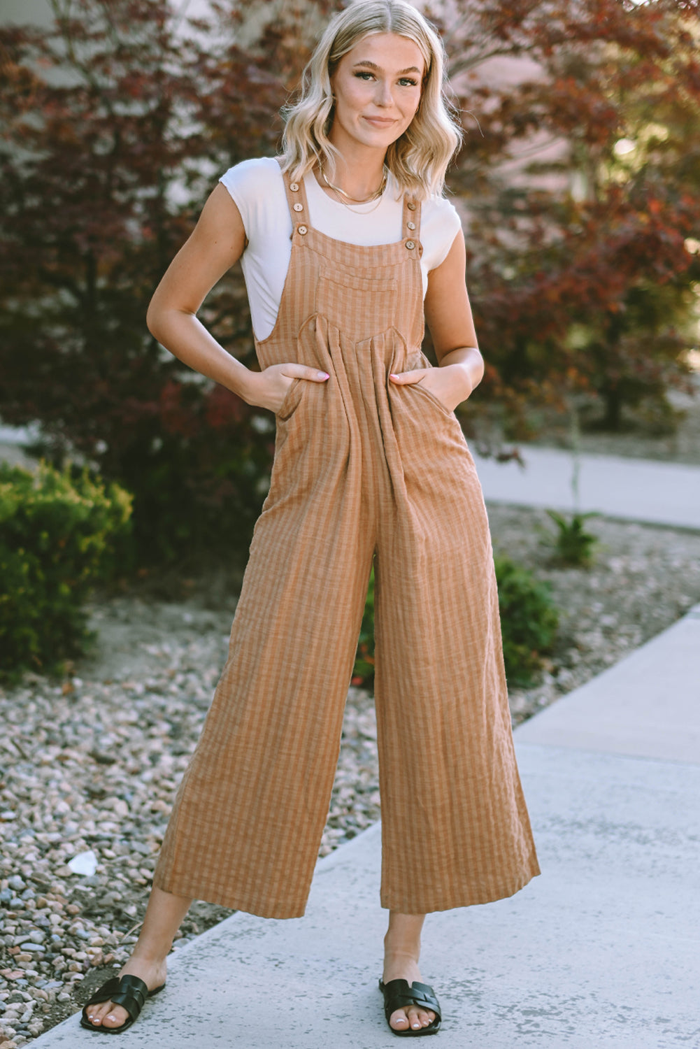 Chicory Coffee Striped Pleated Wide Leg Pocketed Jumpsuit
