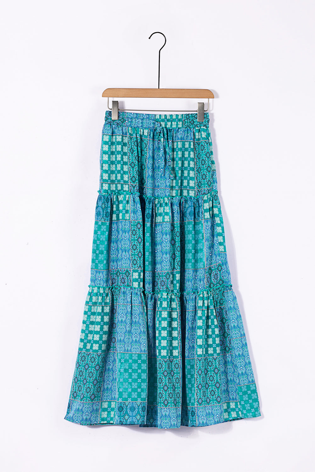 Tiered Paisley Print Pocketed Maxi Skirt