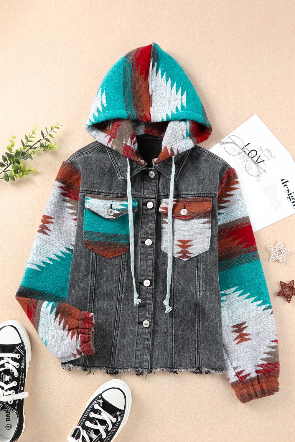 Multicolor Aztec Print Frayed Hem Denim Jacket