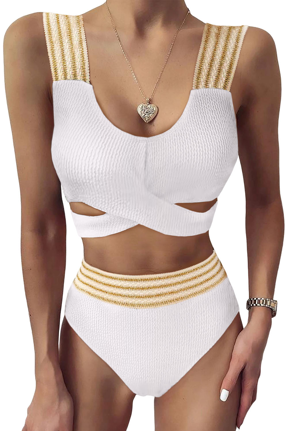 Textured Criss Cross Knotted High Waist Bikini Set