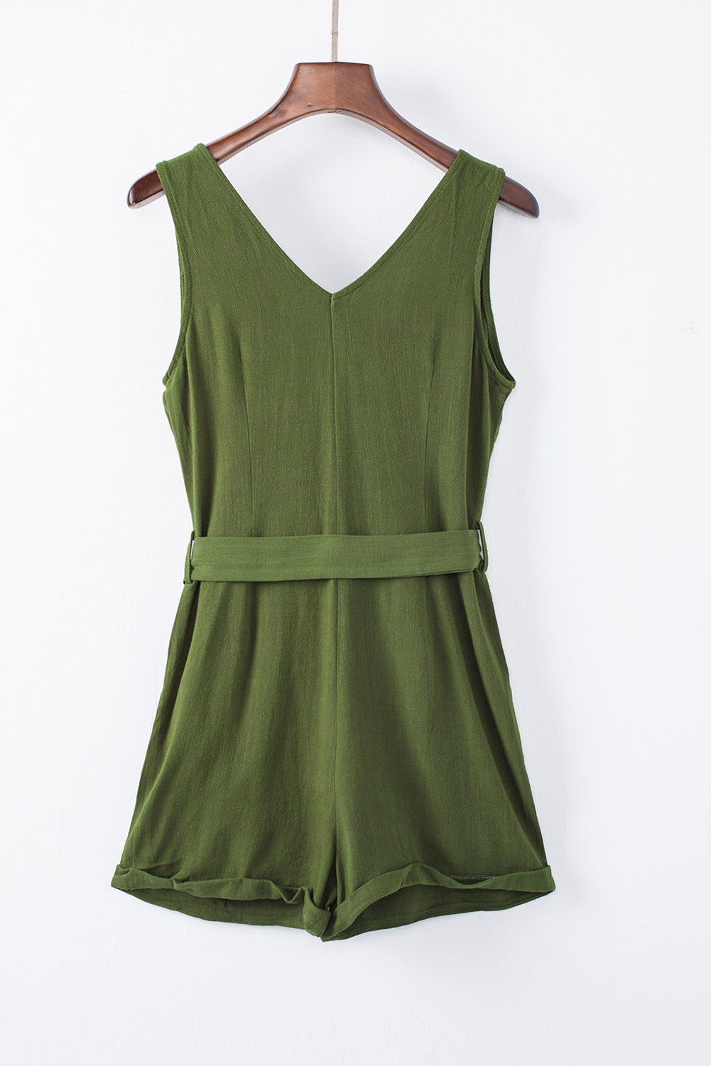 Beige Button V Neck Romper with Belt