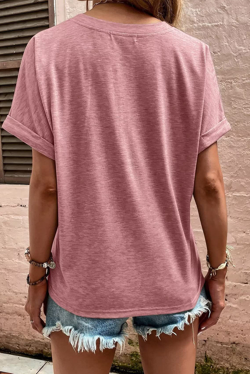 Button V Neck Rolled Short Sleeve T Shirt