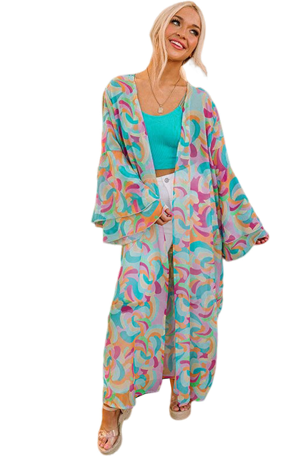 Multicolor Printed Double Layered Bell Sleeve Long Flowy Cardigan