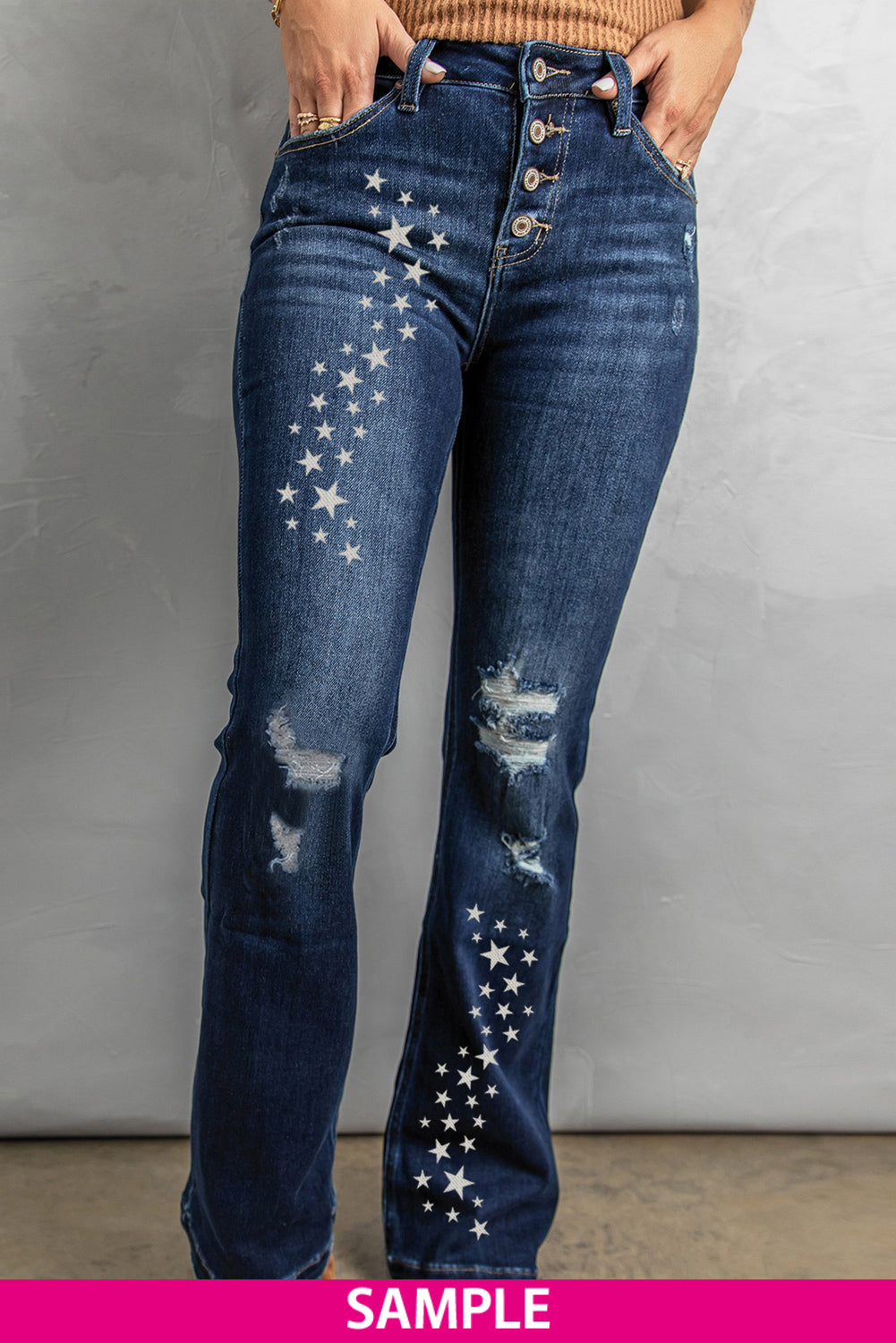 Dark Washed Distressed Flare Bottom Jeans