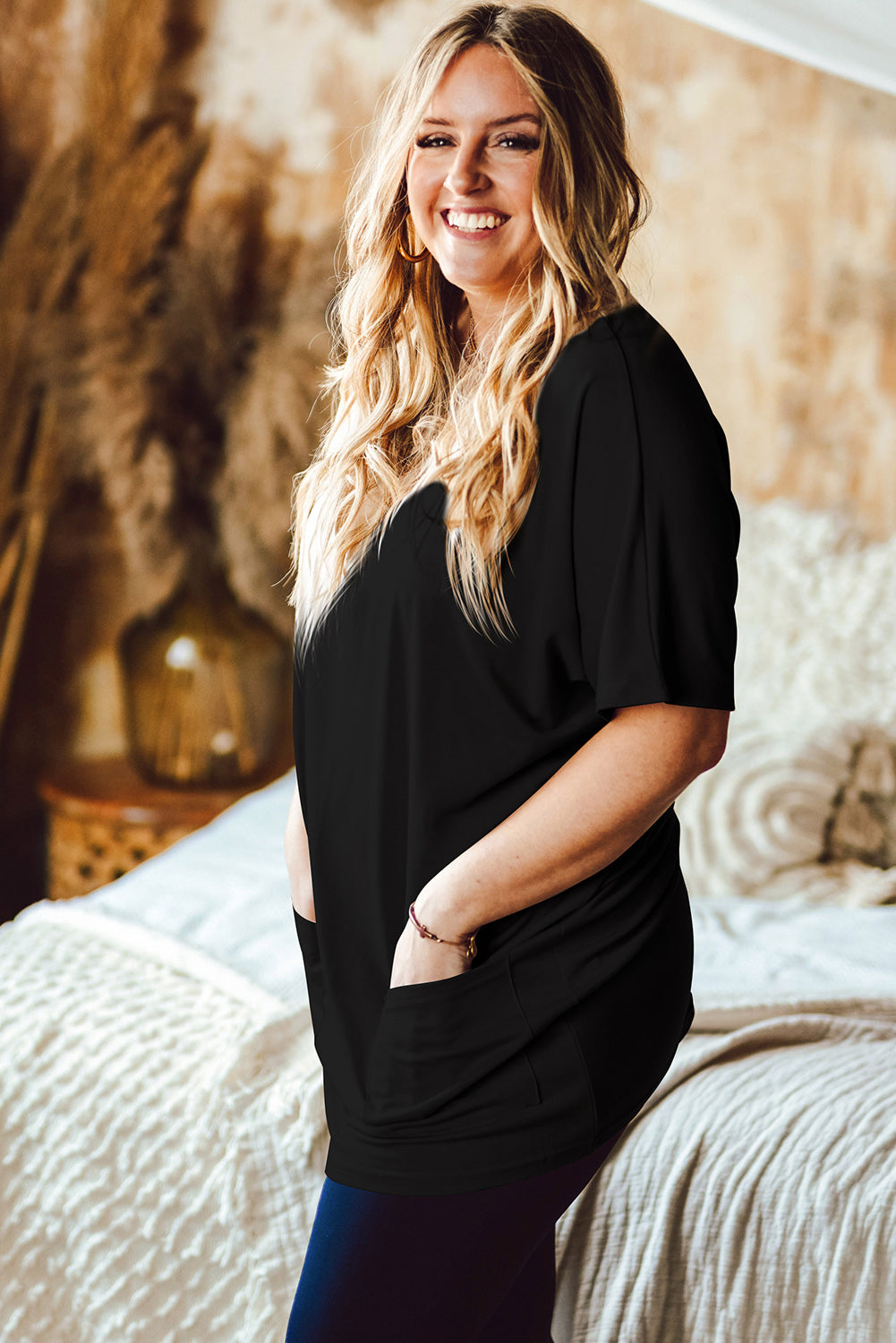 Side Pockets Short Sleeve Tunic Top