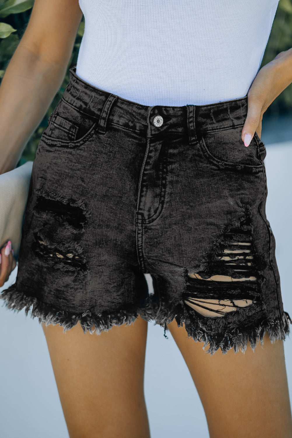 Frayed Hem Mid Waist Denim Shorts